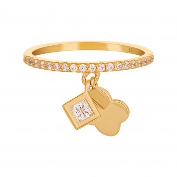 Ring 925 Sterling Silber gelb vergoldet mit Anhängern Kleeblatt Zirkonia