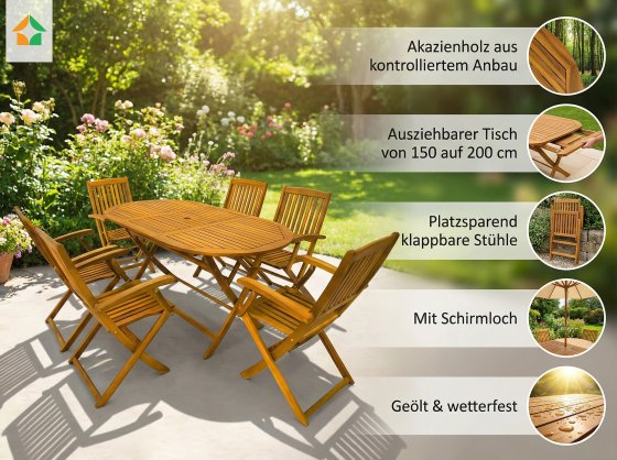 7-tlg. Sitzgruppe „Boston“ aus Akazienholz – Natürlichkeit trifft auf Komfort 