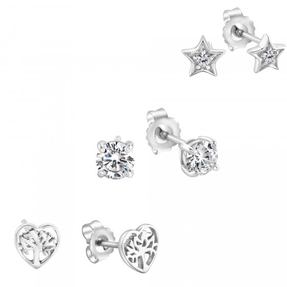 Ohrstecker Set 6 teilig Silber 925 rhodiniert Herz Stern Zirkonia weiß 