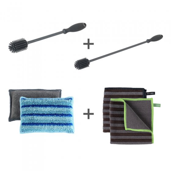 6-teiliges Spül-Set, 2 Mikrofasertücher, 2 Spülschwämme, Silikon-Spül-, und-Flaschenbürste 