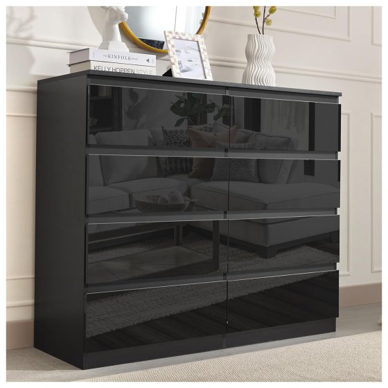 Sideboard Kenji 8 Schubladen Hochglanz Schwarz 