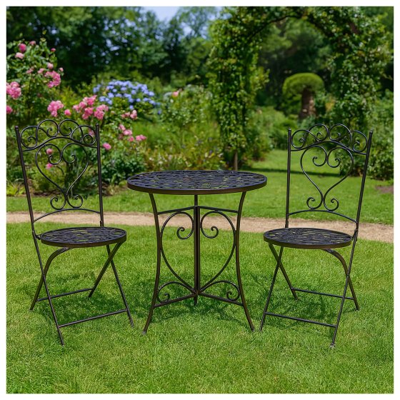 Romantische Gartenmöbel im Vintage-Stil 3-teiliges Bistro-Set aus Metall 