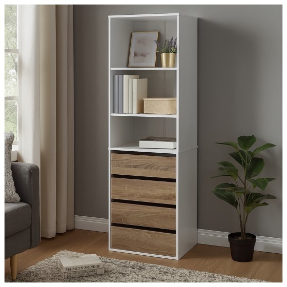 Schrank mit 4 Schubladen und 3 offenen Fächern Weiß/Sonoma 