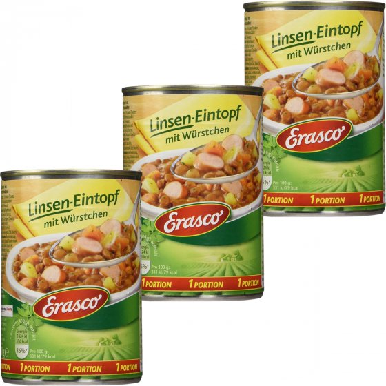 Erasco Linseneintopf mit Würstchen für die ganze Familie 400g 3er Pack 