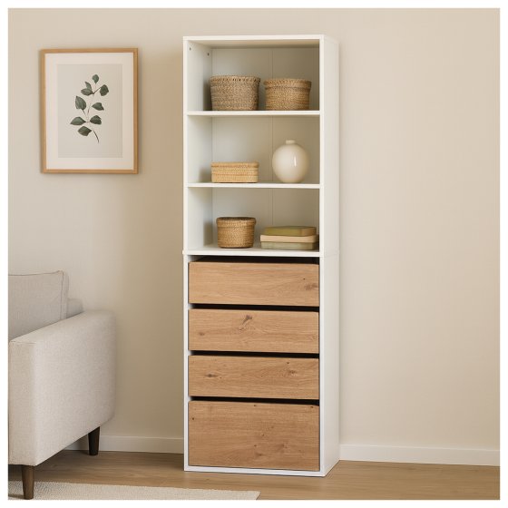 Schrank mit 4 Schubladen und 3 offenen Fächern Weiß/Artisaneiche 