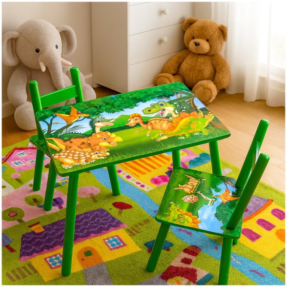Kindertisch mit Stühlen Kinder Sitzgruppe Dino Motiv bunt aus MDF 