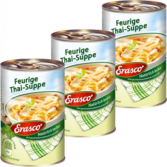 Erasco Feurige Thai Suppe mit Bambussprossen und Gemüse 390ml 3er Pack 