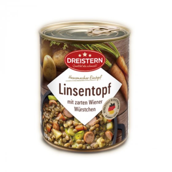 Dreistern Fertiggericht Linseneintopf mit Wiener Würstchen 800g 
