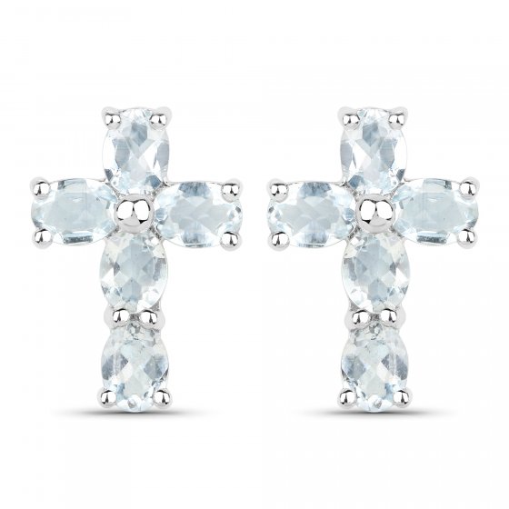 Ohrringe Silber 925 rhodiniert Kreuz-Motiv mit echten Aquamarin-Steinen 