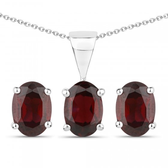 Schmuck-Set Silber 925 rhodiniert Ohrringe und Halskette mit echtem Granat 