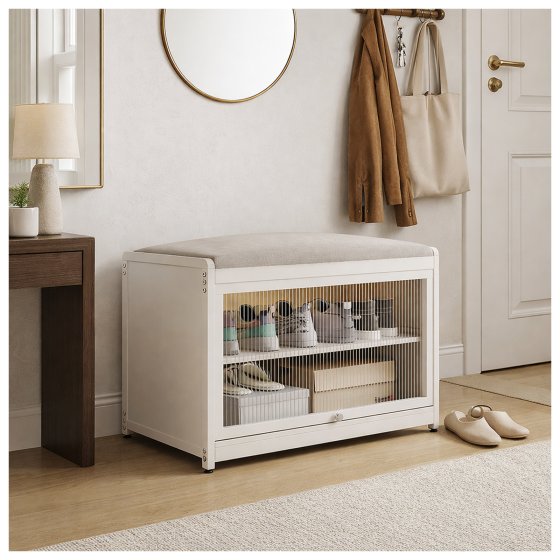 Schuhschrank mit Schiebetür und Sitzkissen Beige 