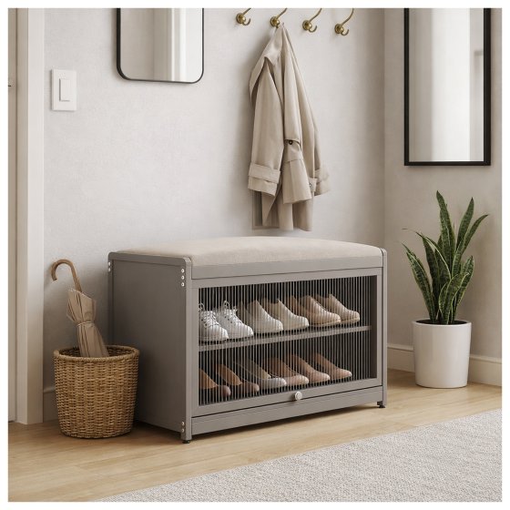 Schuhschrank mit Schiebetür und Sitzkissen Braun 