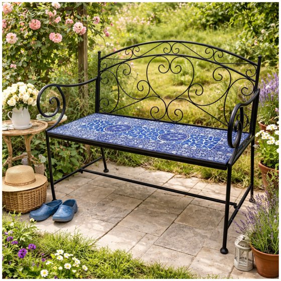 Metall Gartenbank mit Mosaik Sitzfläche Vintage Gartenbank 109 cm 