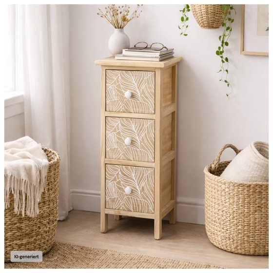 Kommode Melia schmal 3 Schubladen Blätter-Design Artisaneiche-Weiß 