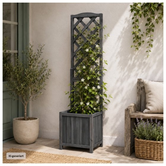 Pflanzkasten mit Rankgitter aus Holz grau Blumenkasten für Terrasse, Balkon und Garten 