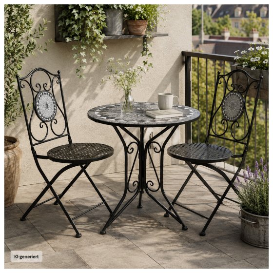 Bistro Sitzgruppe Metall schwarz Tisch mit 2 Stühlen Balkon Set mit Motiv Schiefer 