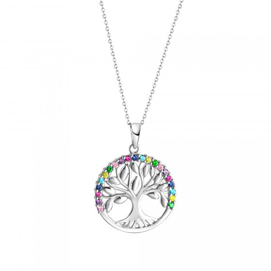 Halskette Silber 925 rhodiniert mit Lebensbaum-Motiv und Zirkonia-Steinen 