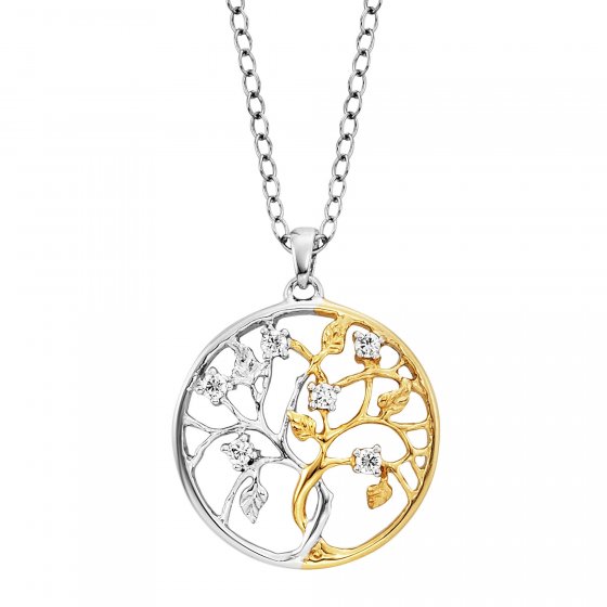 Anhänger mit Kette 925 Silber rhodiniert teils vergoldet Liebesbaum Zirkonia 