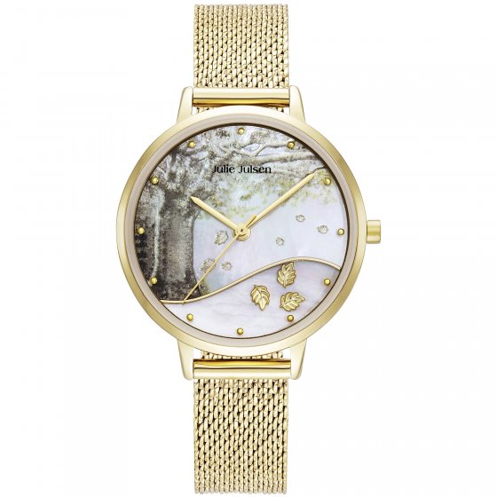 Damenuhr Edelstahl goldfarben fallende Blätter 