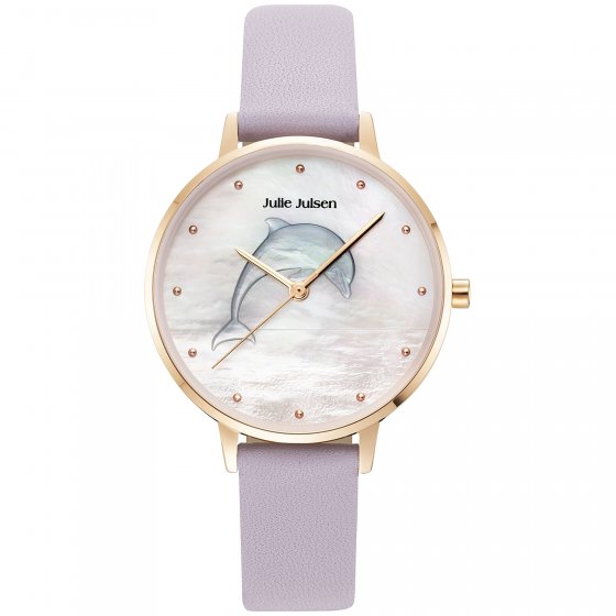 Damenuhr Edelstahl roséfarben Lederband lila Delfin 