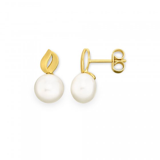 Ohrringe Gold 585 glanz/matt mit 2 weißen Perlen 