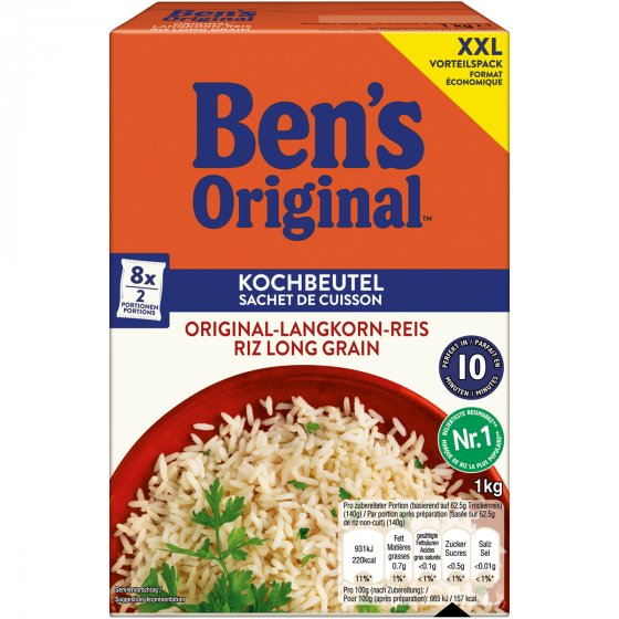 Bens Original Langkorn Reis 10 Minuten praktische Kochbeutel 1000g 