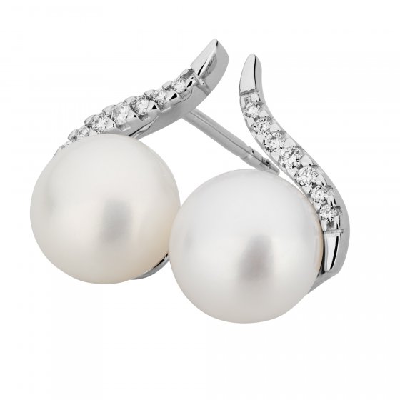 Ohrringe Gold 585 mit 2 weißen Perlen und 14x Brillant zus. 0,08ct. 