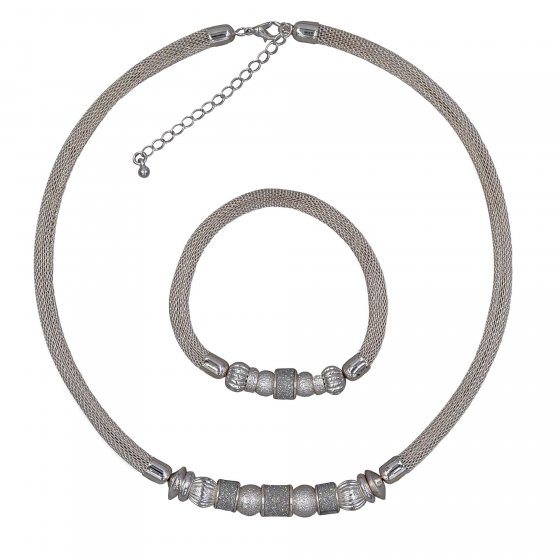 Set Kette Armband Metall 48+7,0cm + 19,0cm Stretch Mesh Kugeln Metall 