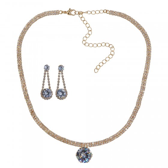 Set Kette Ohrringe Metall 51cm vergoldet glanz Glasstein weiß 