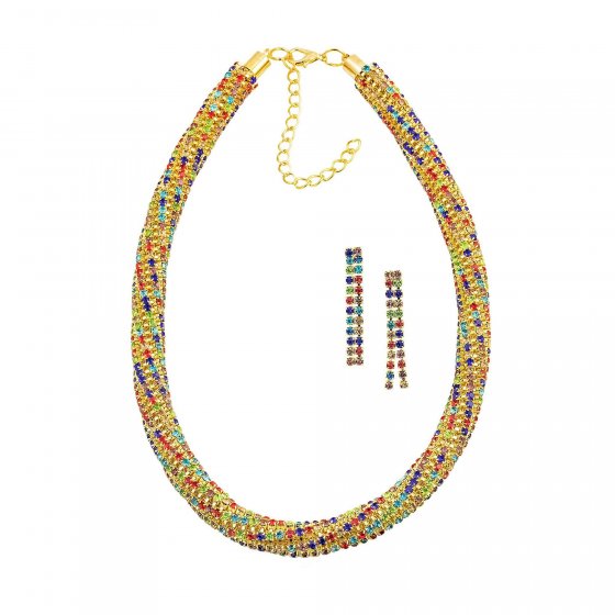 Set Kette Ohrringe Metall 40+6,0cm glanz Glasstein multi 