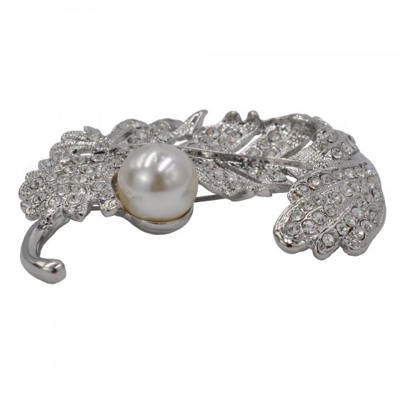 Brosche Metall Feder Glasstein Perle weiß 