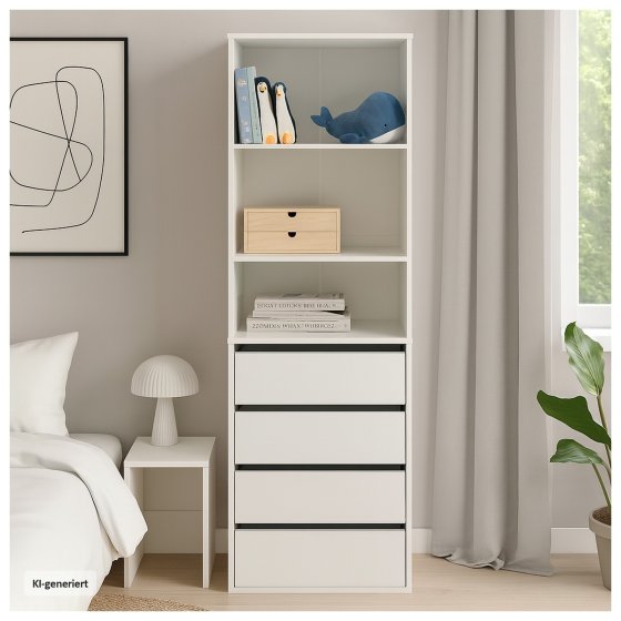 Hohe offene Kommode 3 Regalfächer 4 Schubladen 
