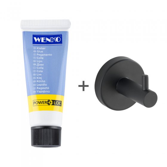 Wandhaken Mod. Bosio inkl. Kleber, Schwarz matt, Befestigen ohne bohren - Power-Loc® 