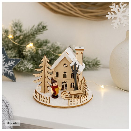 Weihnachtshaus LED beleuchtet mit Schlittenjunge 