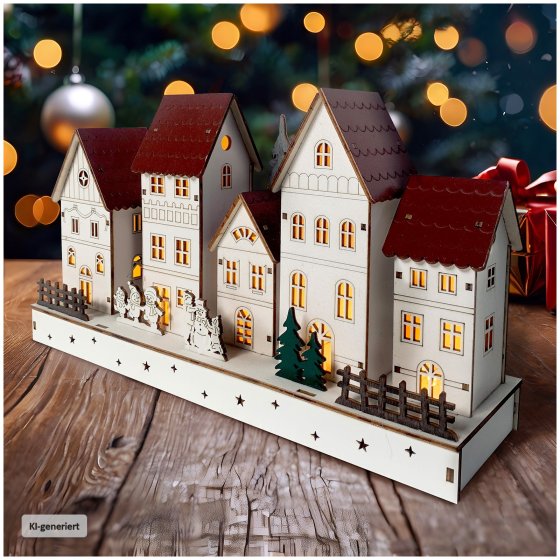 LED Holz Weihnachtsdorf mit Wintermotiv Batteriebetrieben 