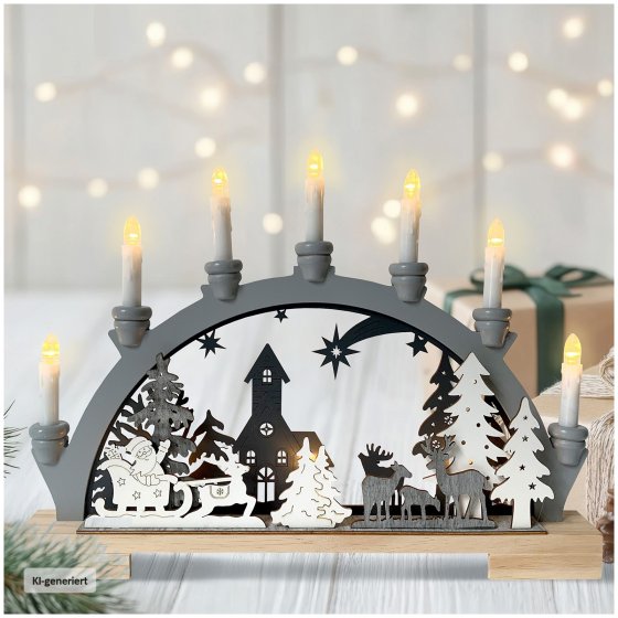 Moderner Schwibbogen LED Holz Grau mit Weihnachtsmotiv und 7 LED Kerzen 
