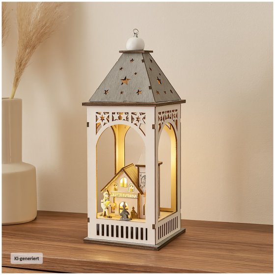 LED Holzlaterne mit Kirche und Figuren Weihnachtsdeko mit 8 LEDs 