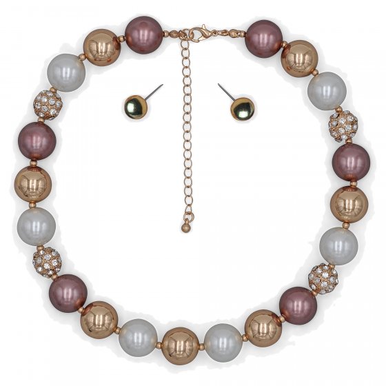 Schmuck-Set Perl-Set aus Halskette und Ohrsteckern aus Metall mit mehrfarbigen Perlen 