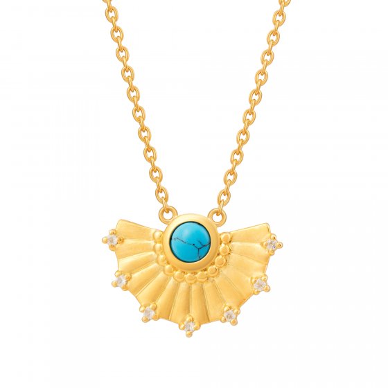Collier 925 Silber vergoldet Fächer Anhänger mit Türkis & Weißtopas 