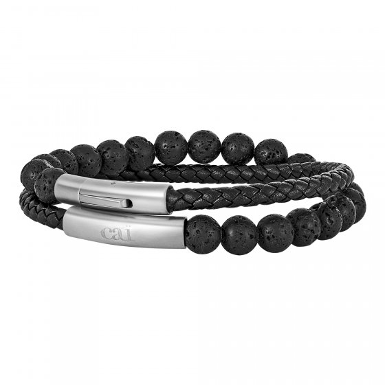 Armband Lavakugeln mit geflochtenem, schwarzen Echtleder-Wickelarmband 21cm und magnetischem Edelstahlverschluß 