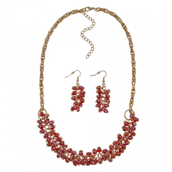 Schmuckset Set aus Collier und Ohrhaken in goldfarben rote Glassteine 