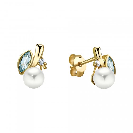 Ohrringe Gold 375 mit weißer Perle 6,5mm, echtem Blautopas (beh.) und Zirkonia weiß 
