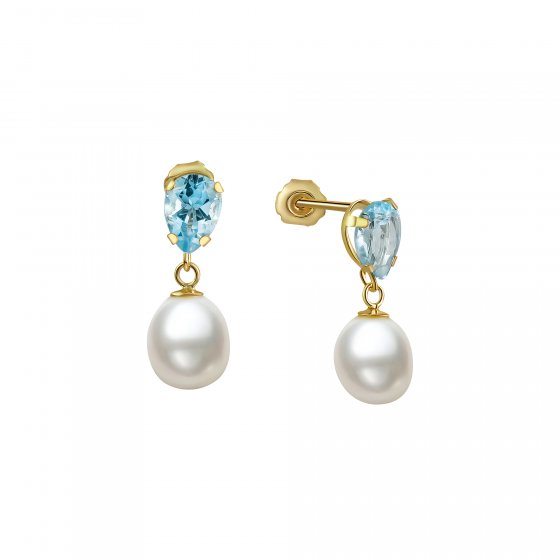 Ohrringe Gold 333 mit weißen Perlen und echtem Topas blau (beh.) 