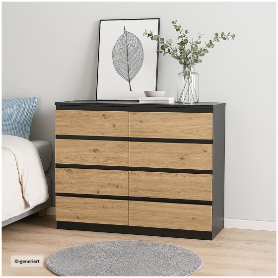 Moderne Kommode mit 8 grifflosen Schubladen Schwarz-Artisaneiche 