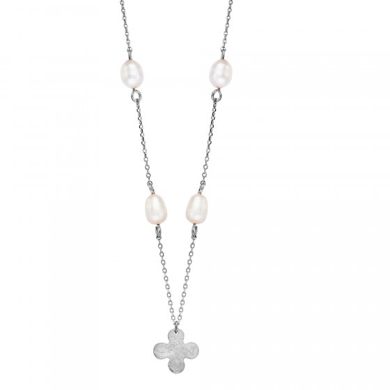 Anhänger mit Kette 925 Silber rhodiniert Kleeblatt und Perlen 