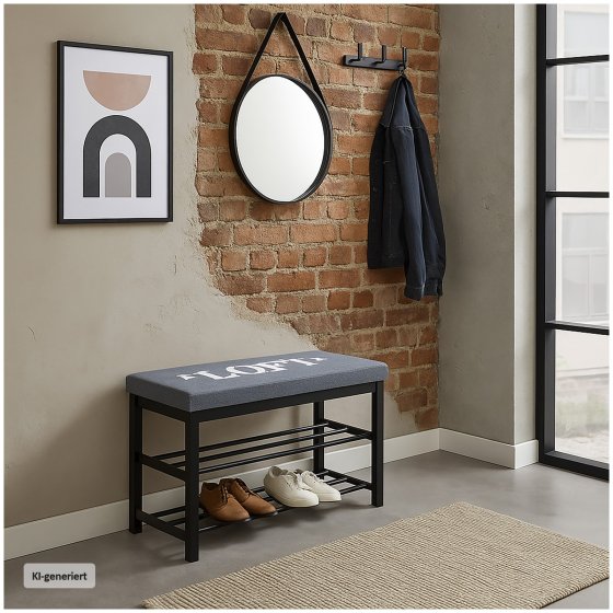 Sitzbank mit Schuhregal und Polster Metallgestell mit LOFT Aufschrift 