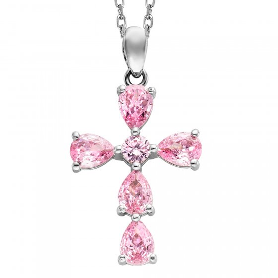 Anhänger mit Kette 925 Silber rhodiniert Kreuz Zirkonia rosa 