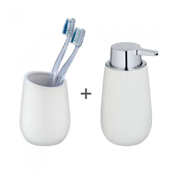 Waschtisch-Set Mod. Badi Weiß, 2-tlg., 1 Zahnputzbecher, 1 Seifenspender 
