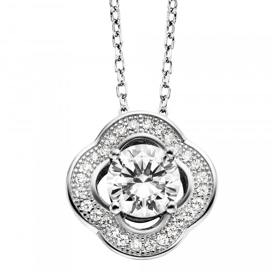 Anhänger mit Kette 925 Silber rhodiniert Blüte Zirkonia weiß 
