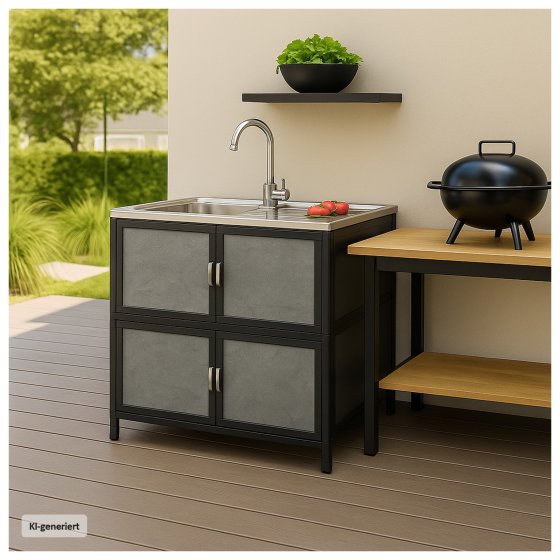 Spüle mit Abtropfläche und Unterschrank für Outdoorküche Grau 